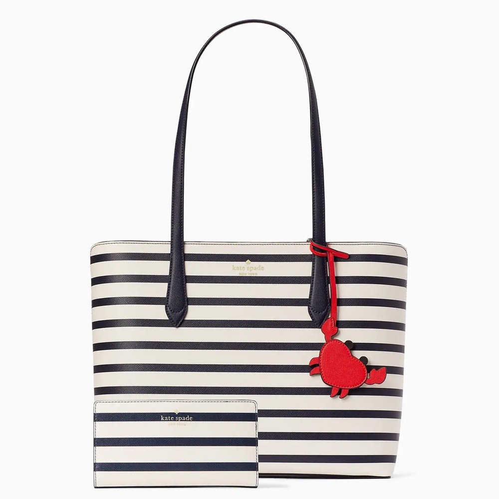 kate spade Navy and White Striped Tote with Red Crab Charm